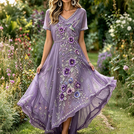 Women's Vintage Purple Floral And Hummingbird Embroidered Art Linen Casual V Neck Maxi Dress