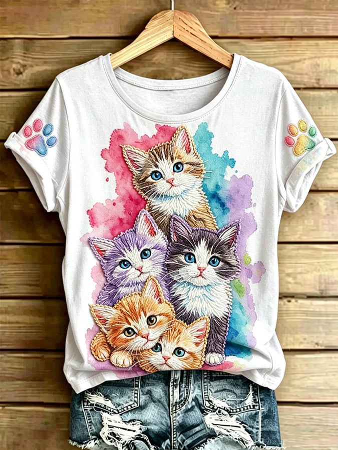 Women's Colorful Cat-Print T-Shirt