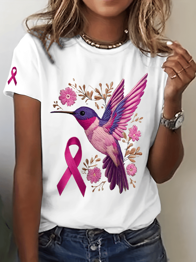 Women's Breast Cancer Hummingbird Print Crew Neck T-Shirt