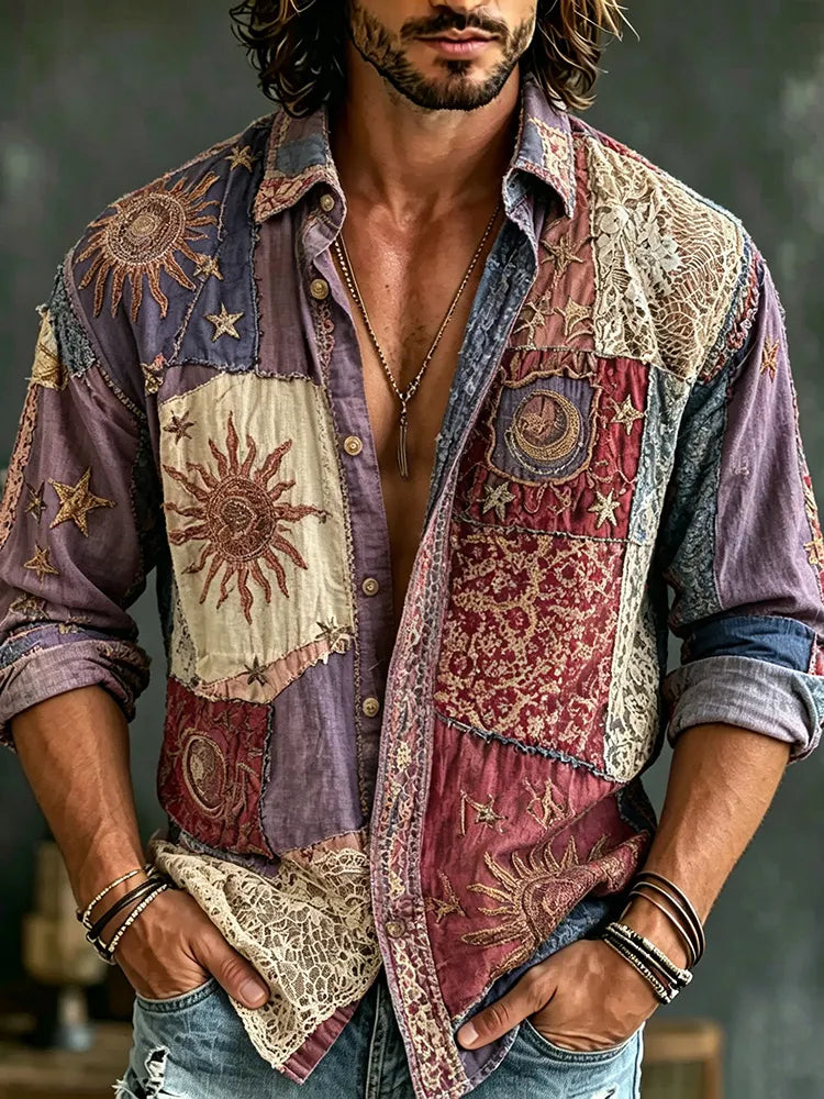 Vintage Distressed Hippie Sun Moon Star Embroidery Patchwork Long Sleeve Shirt