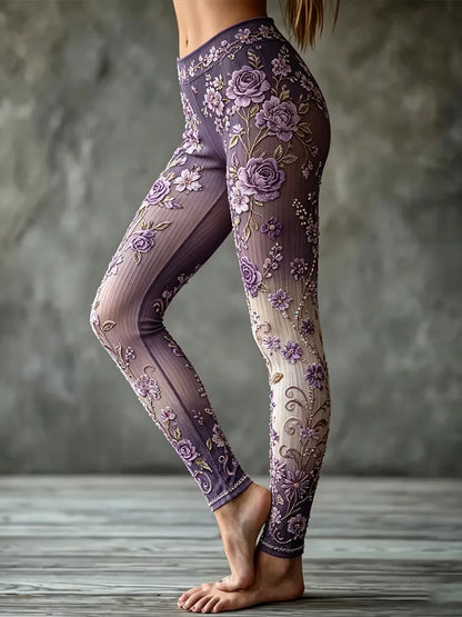 Women's Purple Floral And Rhinestone Art Cotton Linen Casual Textured Leggings