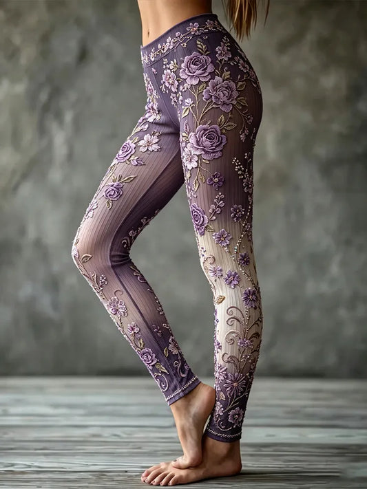 Women's Purple Floral And Rhinestone Art Cotton Linen Casual Textured Leggings