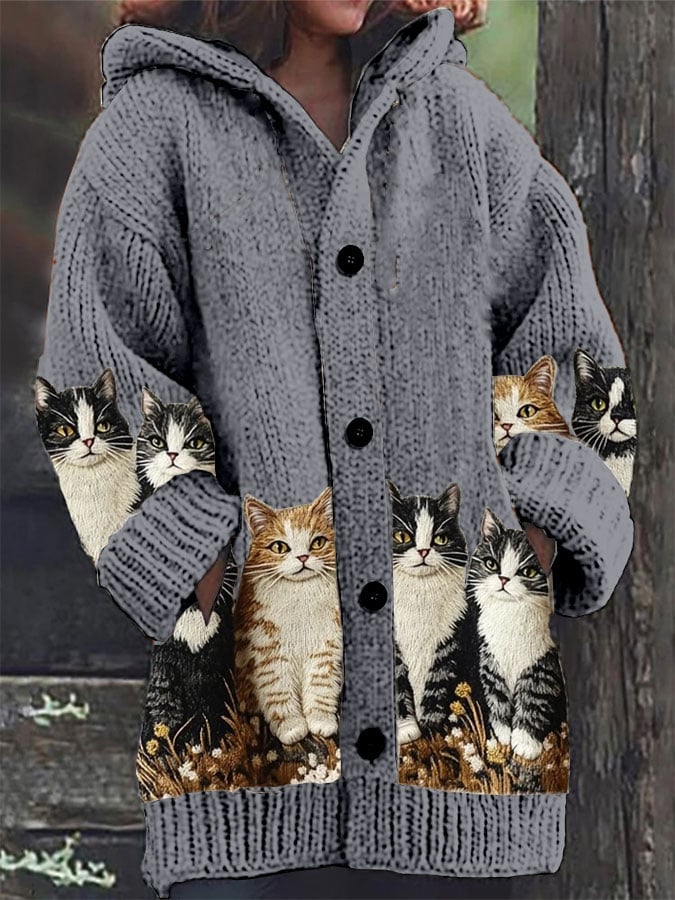 Women's Retro Cat Print Sweater Jacket
