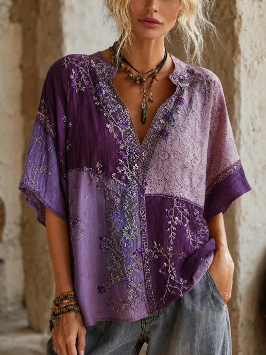 Women’s Boho V-neck Blouse With Purple Patchwork And Floral Embroidery