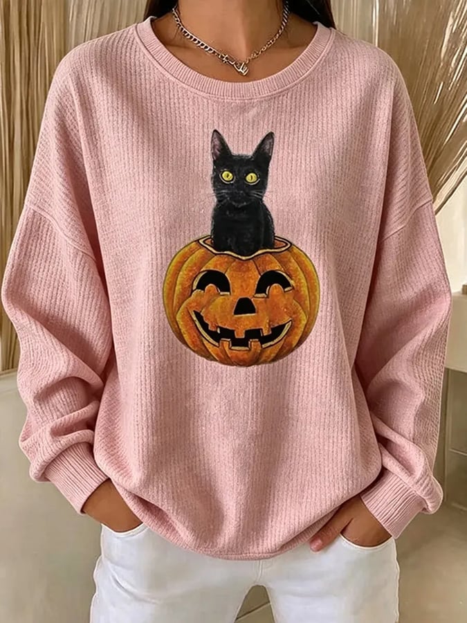 Women's Halloween Cat Print Sweatshirt
