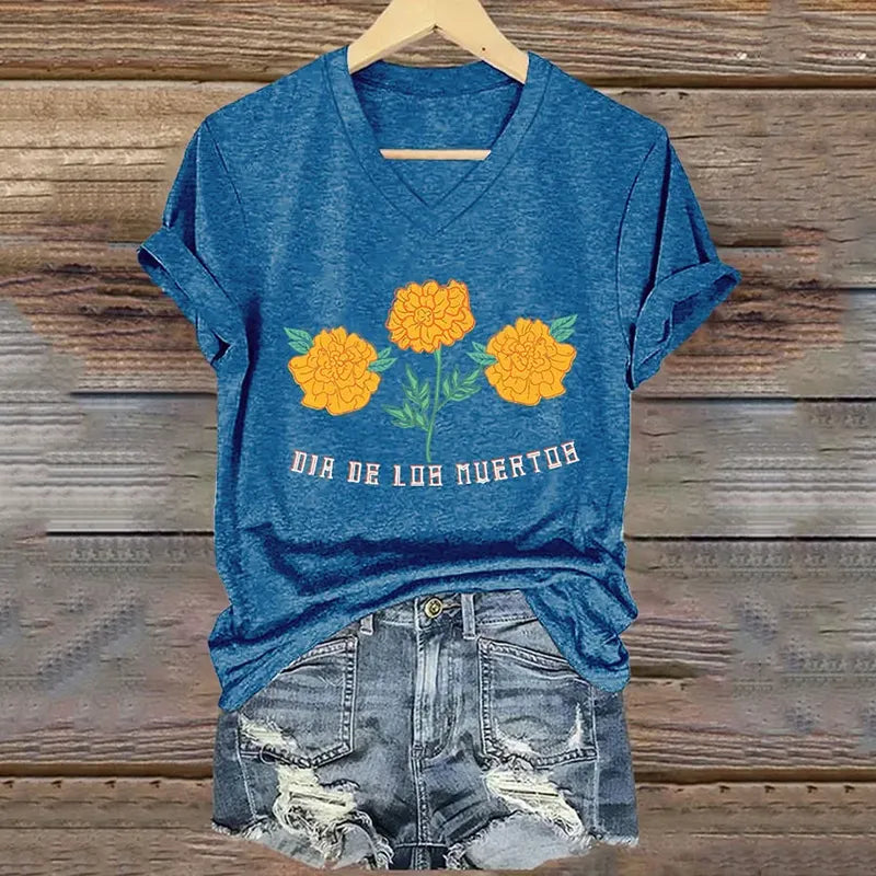 Mexican Retro Day Of The Dead Dia De Los Muertos Inspired Painting V-Neck T-Shirt