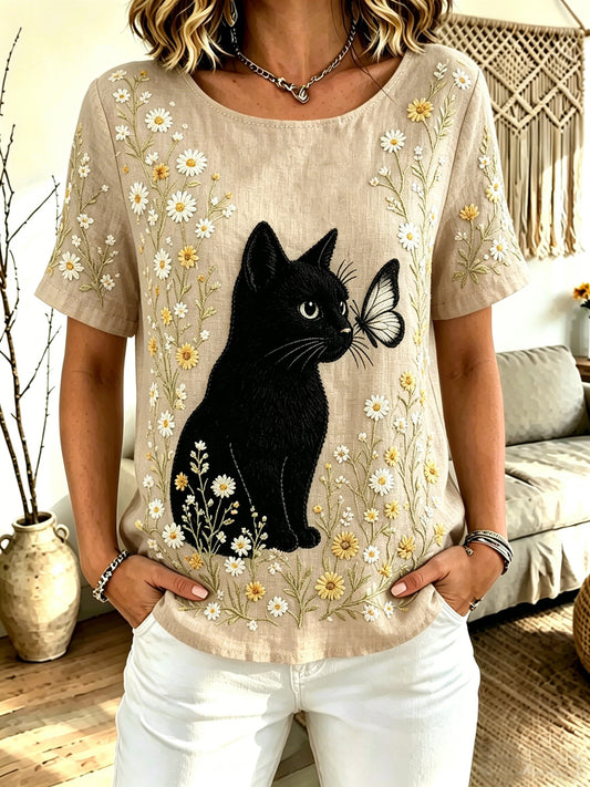 Women's Fun Cat-Print Crew-Neck Top