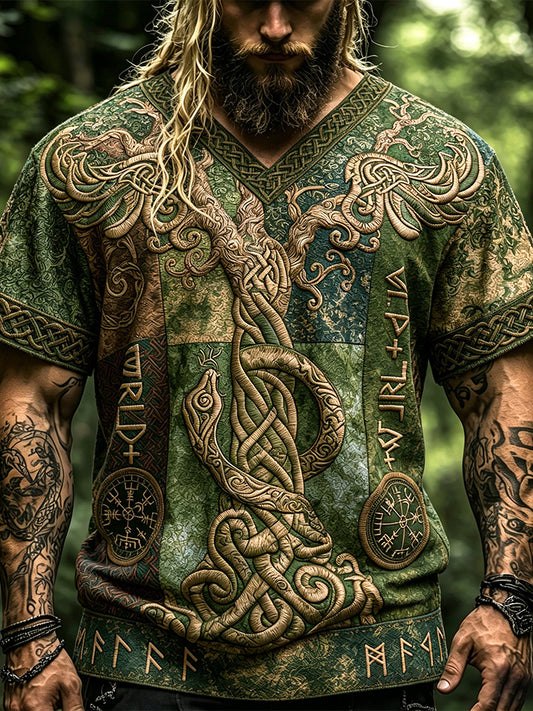 Men's Vintage Green Tree Of Life 3d Embroidery V Neck T-shirt, Norse Viking Snake Celtic Knot Rune Patchwork Short Sleeve Tee