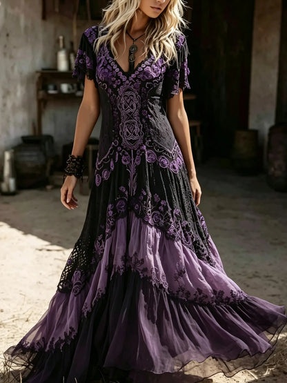 Women's Vintage Viking Celtic Knot And Rose Patchwork V-neck Dress