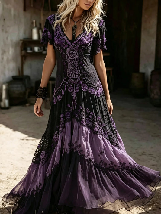 Women's Vintage Viking Celtic Knot And Rose Patchwork V-neck Dress
