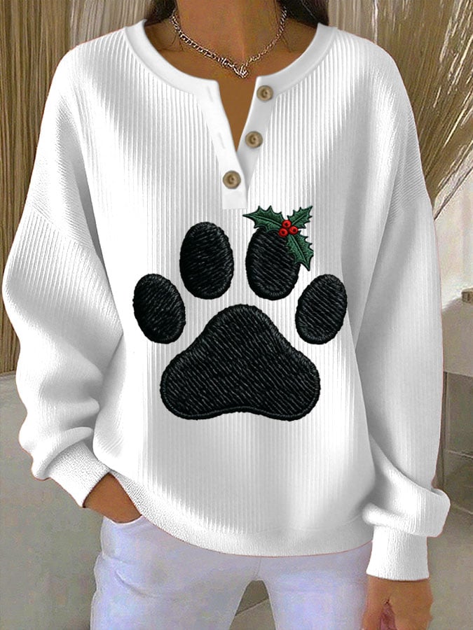 Women's Paw Print Knitted Crew Neck Long Sleeve Top