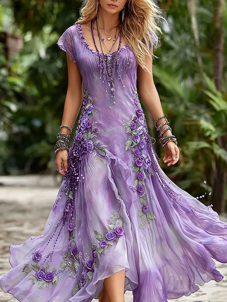 Women's Vintage Floral Embroidery Gradient Pattern Round Neck Dress