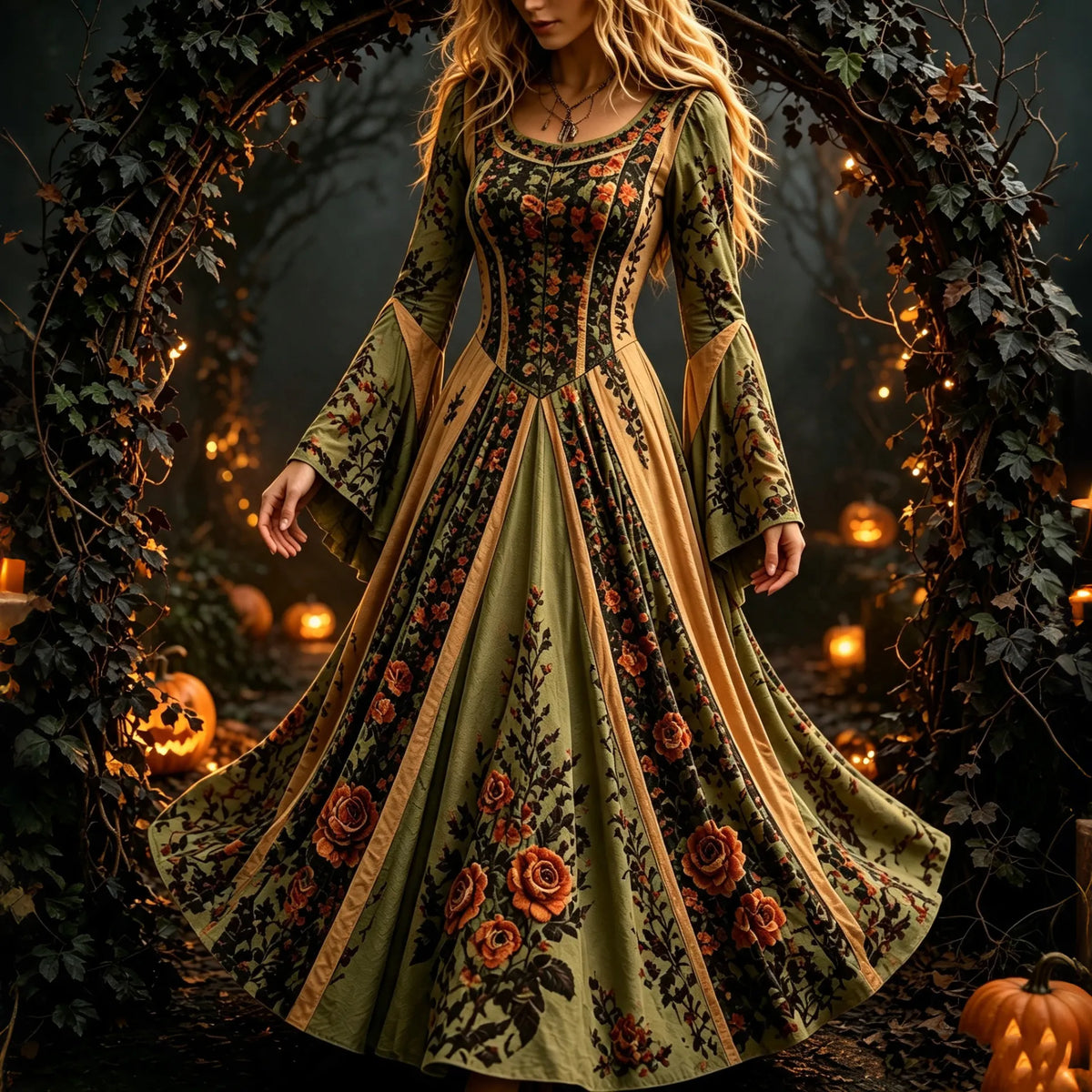 Women's Retro Floral Pattern Long-sleeved Dress
