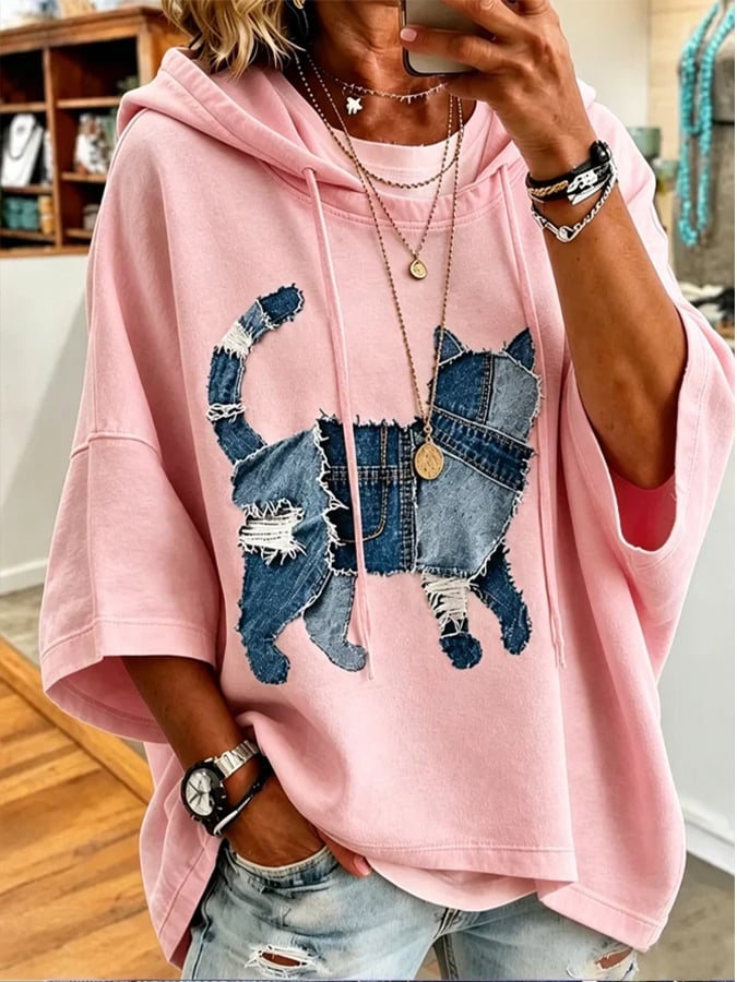 Women's Casual Cat Print Loose Hoodie