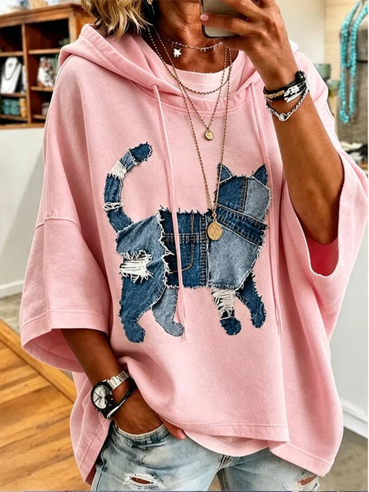 Women's Casual Cat Print Loose Hoodie