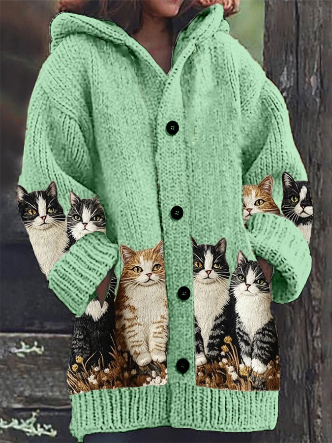 Women's Retro Cat Print Sweater Jacket