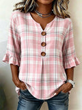 Women's Pink Plaid Print Casual Button-Down Shirt