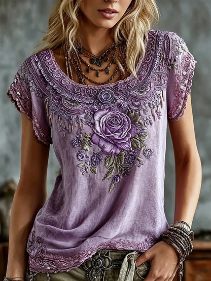 Women's Vintage Rose Embroidery Art Short Sleeve Linen Blend T-shirt