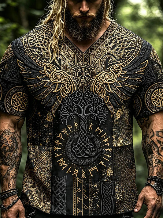 Men's Black Gold Vintage Viking Yggdrasil Tree Of Life 3d Embroidery Tee, Norse Rune Eagle Wing Celtic Knot Patchwork V Neck Short Sleeve Top