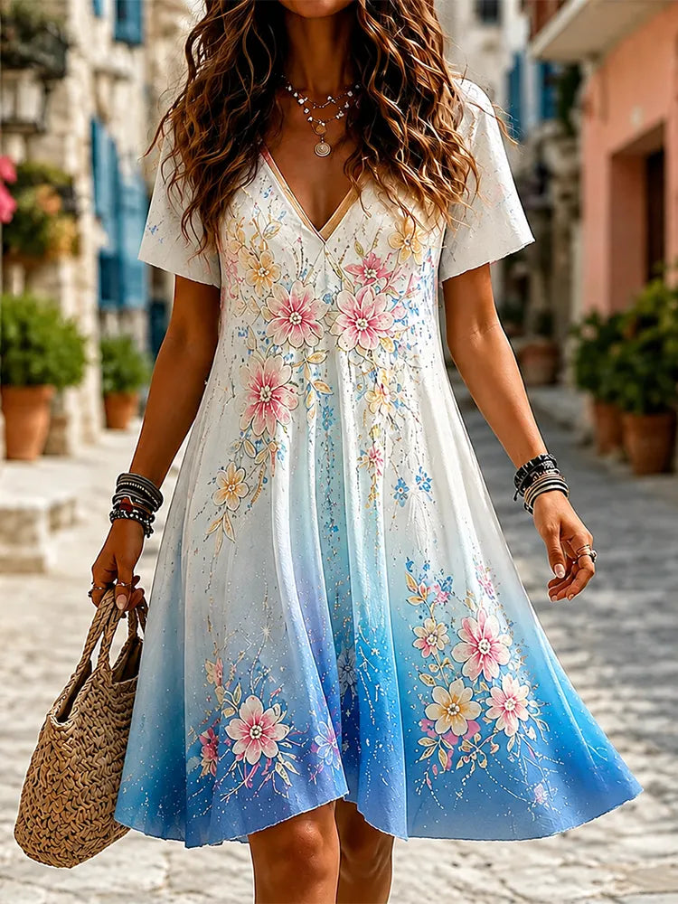 Women's Boho Floral Gradient Short Sleeve V-neck Dress