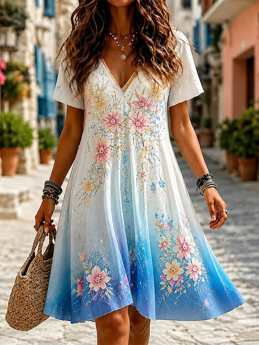 Women's Boho Floral Gradient Short Sleeve V-neck Dress