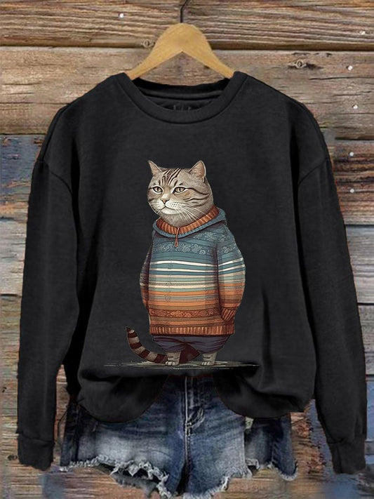 Women's Winter Cat Print Crew Neck Sweatshirt