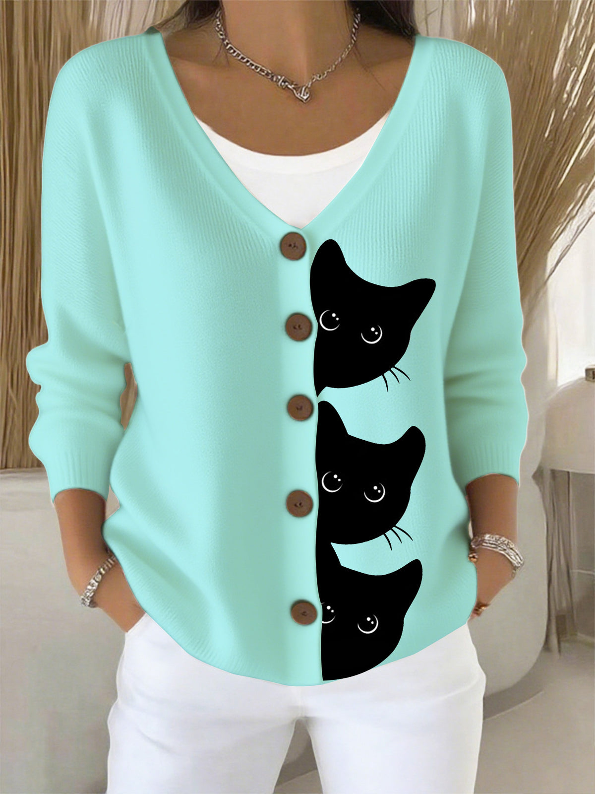 Women's Halloween Fun Black Cat Print Cardigan Sweater