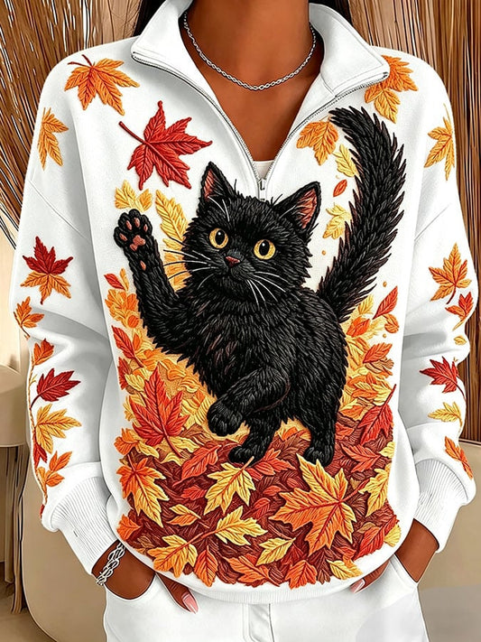 Women's Casual Printed Zipper Collar Long-Sleeve Sweatshirt