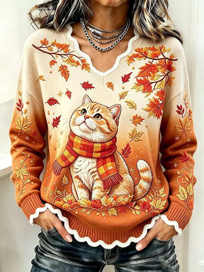 Women's Fall Cat Print Knit Sweater