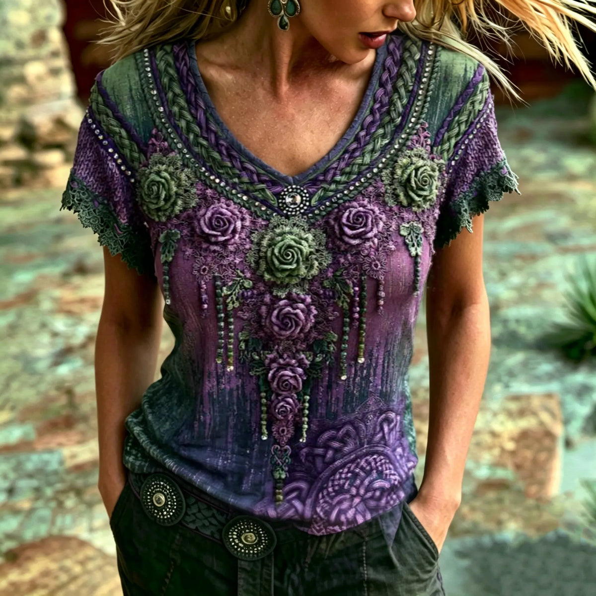 Women's Bohemian Rose Lace Embroidery Print Top