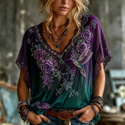 Women's Vintage Floral With Hummingbird Art Embroidery Linen Blend V-neck Short-sleeve T-shirt