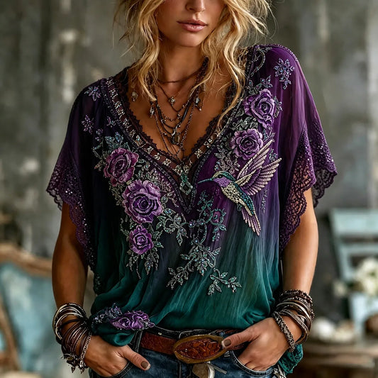 Women's Vintage Floral With Hummingbird Art Embroidery Linen Blend V-neck Short-sleeve T-shirt