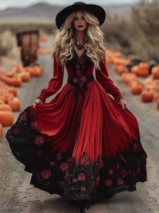 Women's Vintage Halloween Black Roses Art Comfy Velvet Maxi Dress