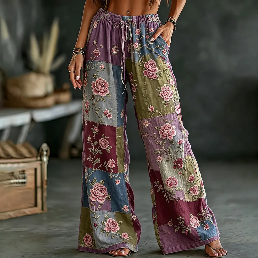 Women's Pink Floral Art Embroidery Patchwork Comfortable Cotton Linen Pants