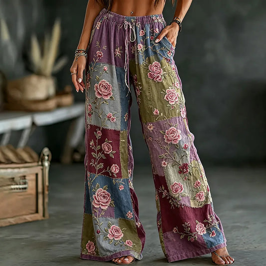 Women's Pink Floral Art Embroidery Patchwork Comfortable Cotton Linen Pants