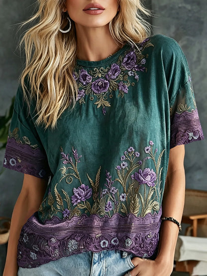Women's Retro Floral Art Embroidery Cotton Linen Casual T-shirt