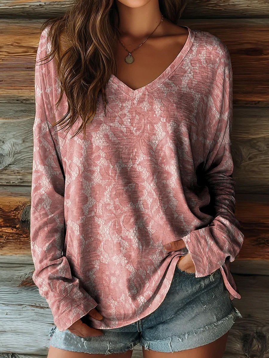 Women's Breast Cancer Awareness Pink Floral Art Print Casual V-Neck Long Sleeve T-Shirt