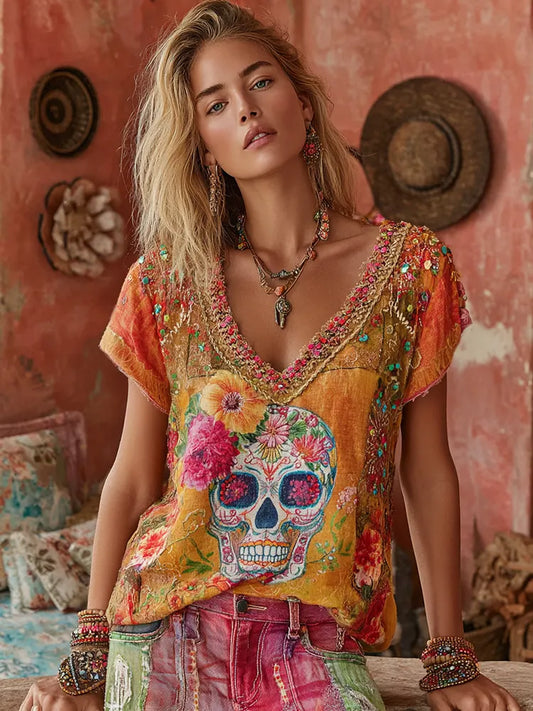Women's Classic Mexican Sugar Skeleton Catrina Day Of The Dead Inspired Painting Embroidered Casual Linen  V Neck T-shirt