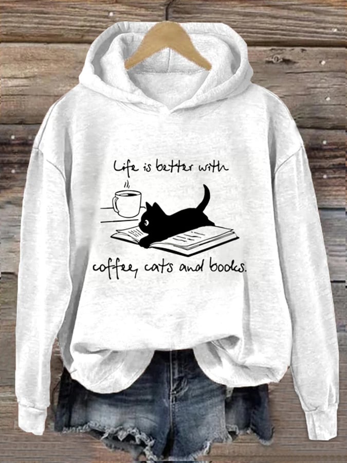 Women's Coffee Cat And Book Print Hoodie
