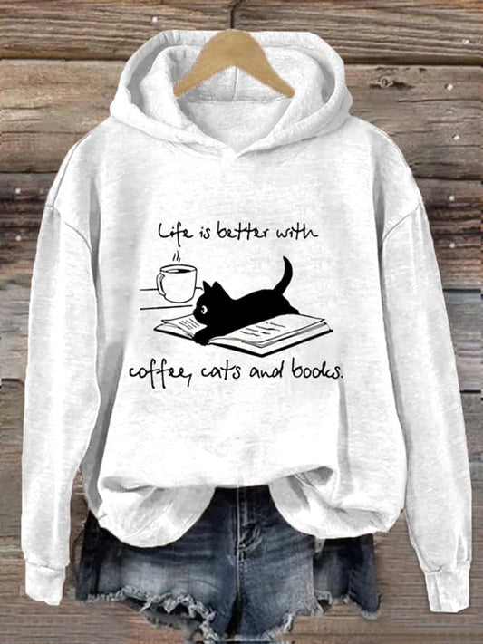 Women's Coffee Cat And Book Print Hoodie