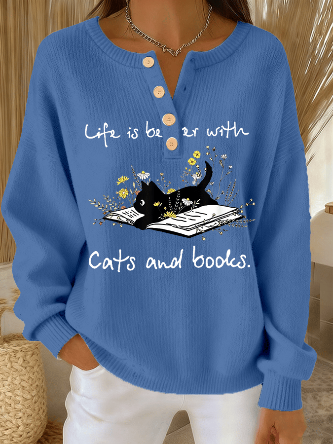Women's Cute Cat Print Knit Button Top