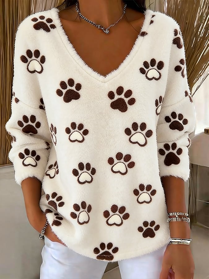 Women's Animal Paw Art Print V-Neck Flannel Top