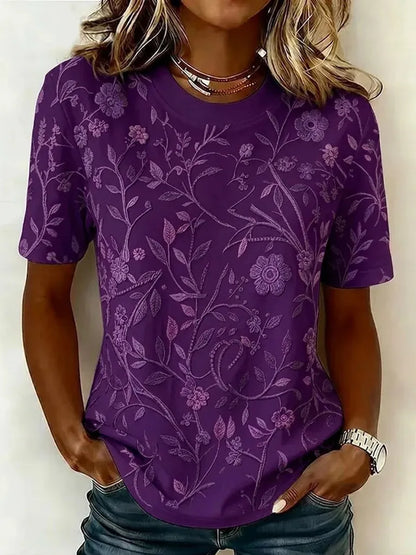 Women's Retro Purple Floral Embroidered Casual T-shirt