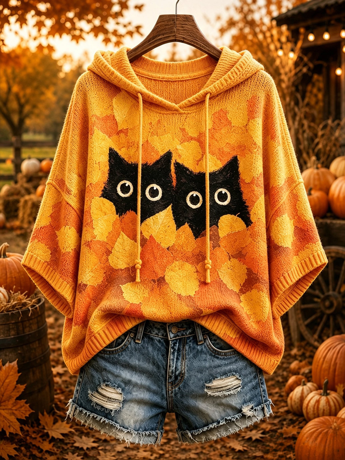 Women's Autumn Kitten Print Crew Neck Hooded Top