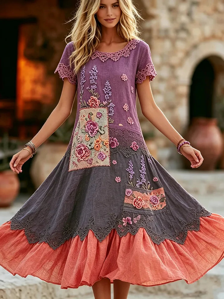 Women's Retro Purple Floral Patchwork Pattern Casual Round Neck Dress
