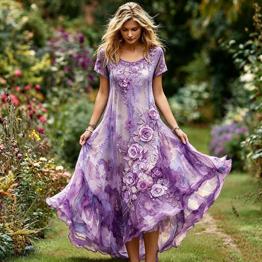 Women's Vintage Floral Embroidery Gradient Pattern Round Neck Dress