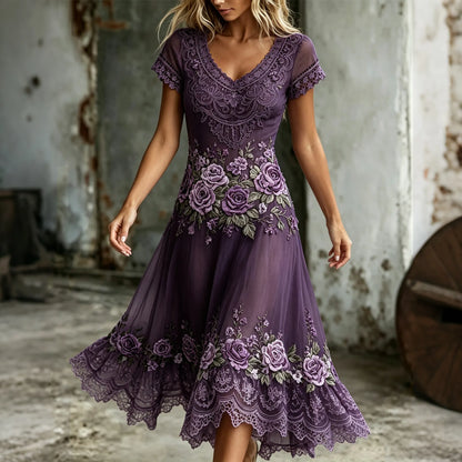 Women's Retro Purple Rose Embroidery Art V Neck Short Sleeve Midi Dress
