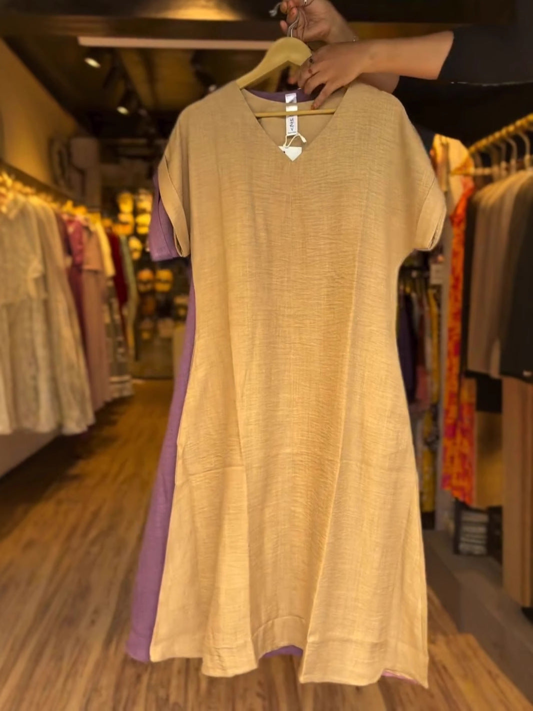 Solid Color Linen Dress With Two Pockets
