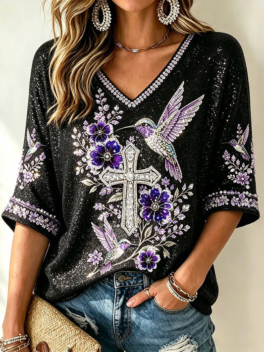 Women's Vintage Purple Flowers And Birds Art Three-quarter Sleeve Top