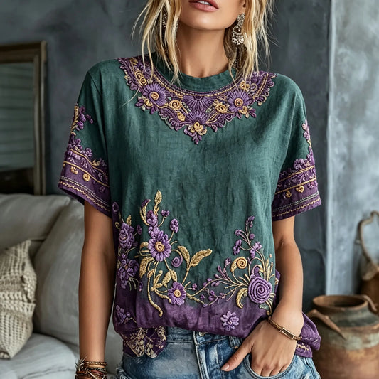 Women's Retro Floral Art Embroidery Cotton Linen Casual Round Neck T-shirt